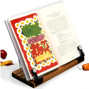 Deluxe Original Cookbook Holder - Acrylic Shield With Wooden Base and Black Hinges - Made in the USA
