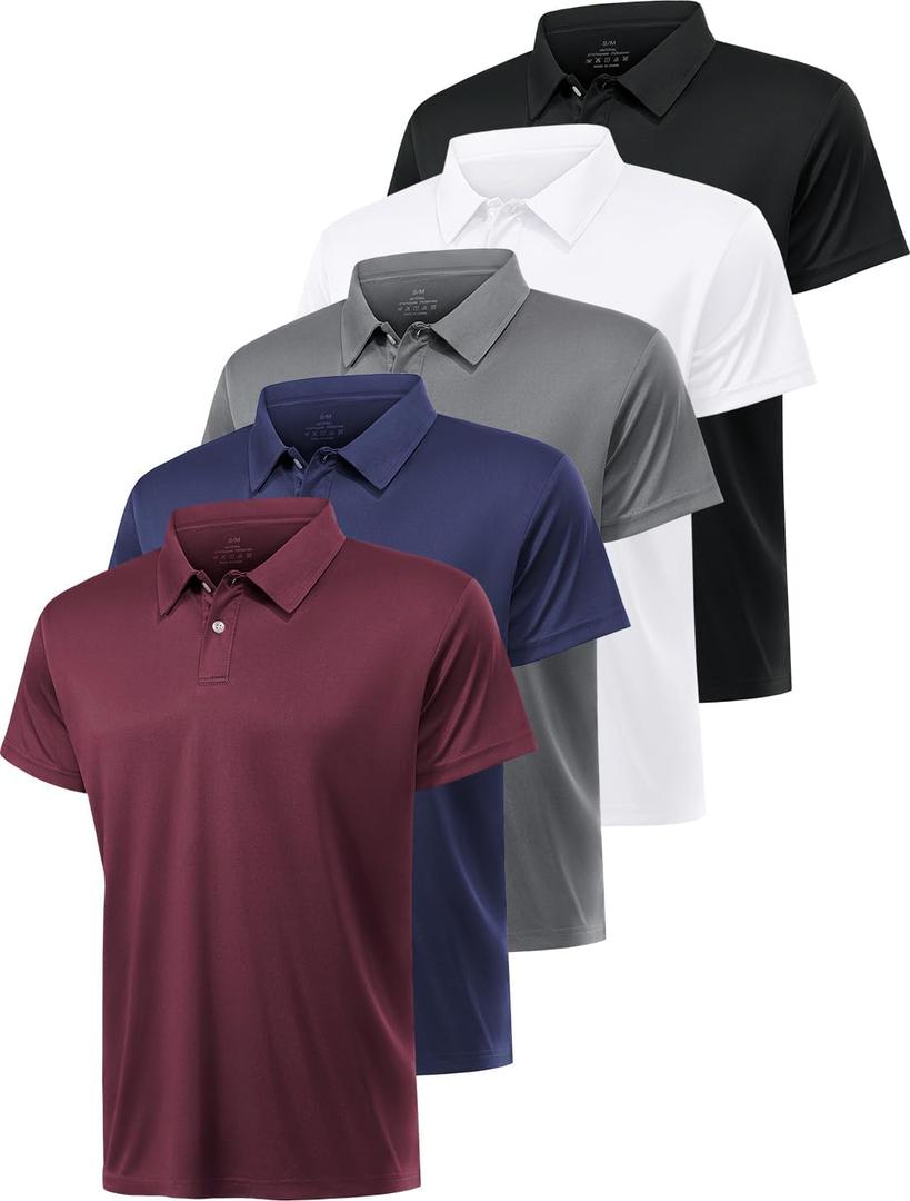 5 Pack Polo Shirts for Men Dry Fit Short Sleeve Golf T-Shirt Moisture Wicking Collared Casual Work Tops (L)