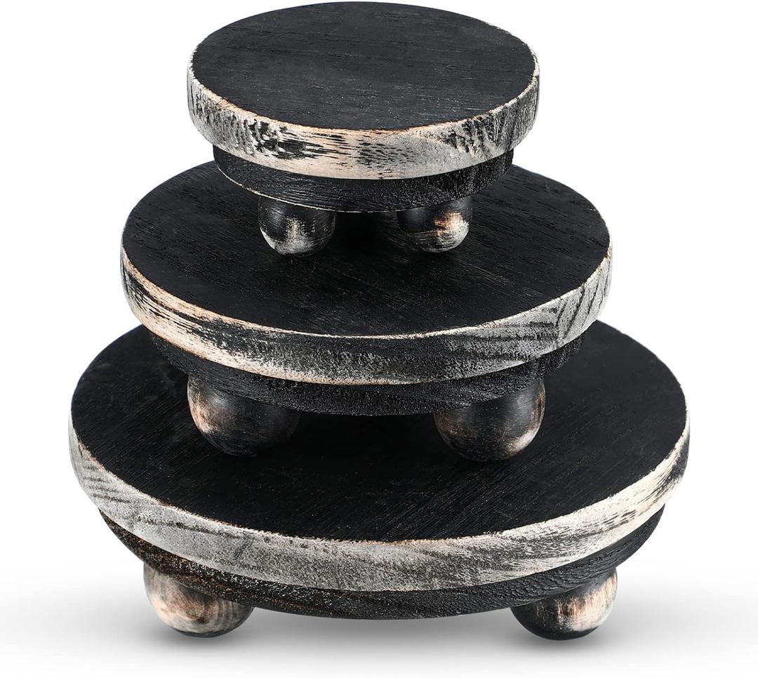 Amyhill 3 Pcs 5/4/3 Inch Wooden Risers for Display Wood Pedestal Stand Mini Tray Stand Round Wooden Pedestal Holder Rustic Riser for Decor Tiered Tray Decor Home Kitchen(Black)