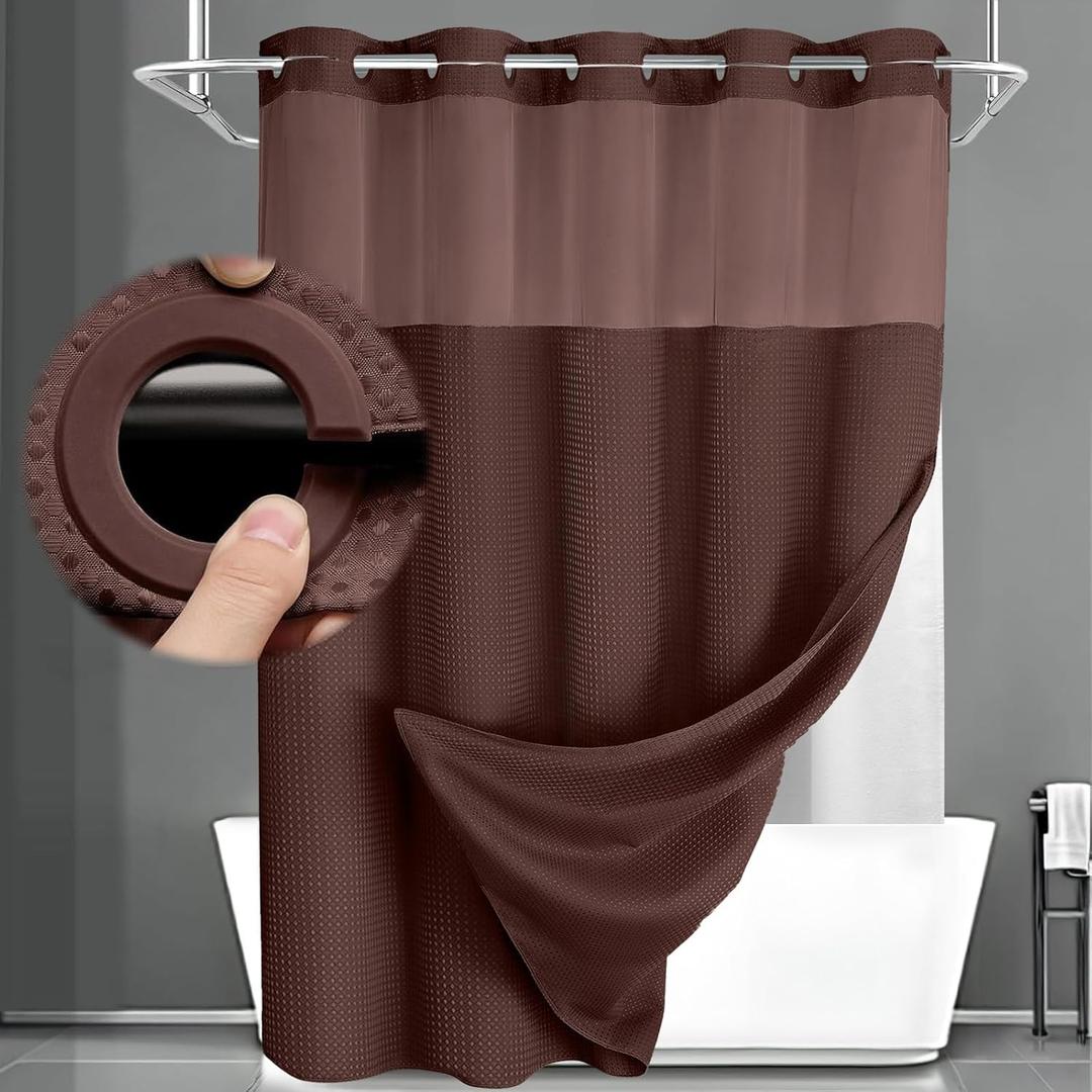 No Hook Shower Curtain and Liner Set,Brown Hotel Waffle Shower Curtain with Liner 75" L x 72" W