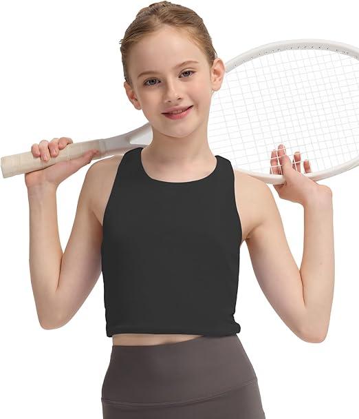 BAMBOO COOL Girls Tank Tops Crop Top Double Lined High Crew Neck Racerback Cropped Undershirts Dance Yoga Gymnastics, M, Black