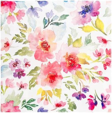 100Pcs Floral Luncheon Napkins Spring Summer Flowers Paper Hand Napkins 6.5 Inch Watercolor Purple and Pink Bouquet Meadow Party Napkins for Wedding Baby Bridal Shower Birthday Party