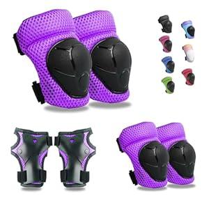 GEQID Kids Knee Pads Elbow Pads Wrist Guards Set , Protective Gear for 4-6-12 Boys Girls Roller Skating Scooter Skateboarding Bike (Purple, Free Size (4-12 Years or 40-80lbs))