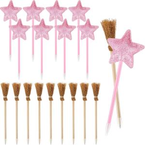 Geyoga 20 Pcs Witch Party Favors Broom Pencils and Star Ballpoint Pens for Wizard Theme Party Decorations Goodie Bags Stuffers Carnival Prizes Birthday Gifts Treats (Brown)