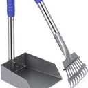 Heeyoo Dog Pooper Scooper, Dog Poop Tray and Rake Set, Pet Waste Removal Scoop with Long Adjustable Sectional Stainless Handles (Silver/Blue)