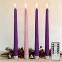 Advent Flameless Taper Candles with Remote, Flickering Pink Purple Christmas LED Candlesticks Battery Operated Set of 4