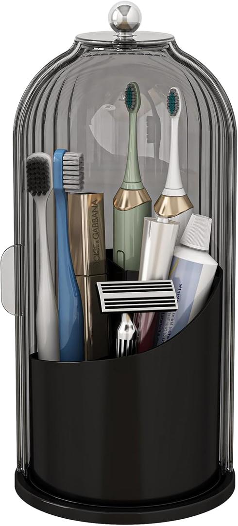 Dustproof Toothbrush Holders with Cover, Rotating Electric Toothbrush and Toothpaste Holder for Bathroom Countertop, 3 Slots Makeup Brushes Organizer, Grey Black