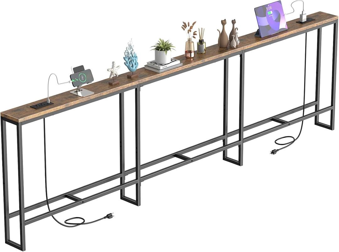 102 Inch Extra-Long Narrow Console Table with Charging Station (2 Outlets + USB-C), Sofa Table,Behind Couch Table with 3-Tier Storage Shelves for Entryway & Small Spaces (Rustic Brown), 102.4 Inch