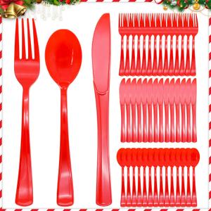 300 Pcs Red Plastic Silverware, Red Plastic Utensils, Disposable Cutlery Heavy Duty, 100 Forks, 100 Spoons, 100 Knives for Birthday, BBQ, Christmas
