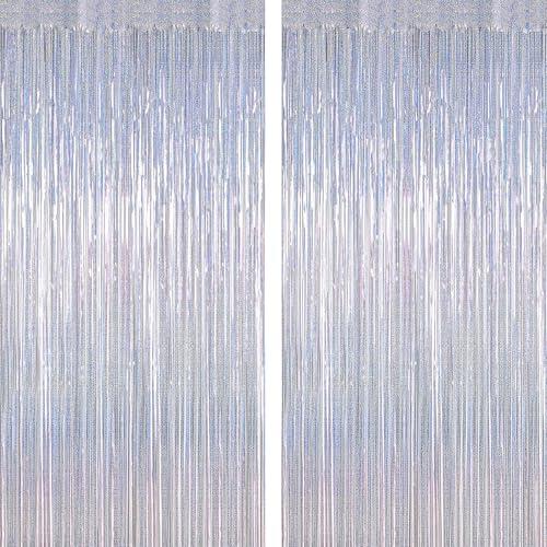 2 Pack Silver Metallic Tinsel Foil Curtains, 3.28 FT x 7.05 FT Glitter Silver Fringe Curtains, New Year Door Streamer Tinsel Backdrop Photo Booth for NYE Party Birthday Engagement Party Decorations
