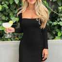 XXTAXN Womens Sexy Long Sleeve Square Neck Bodycon Mesh Mini Dress, Small, Black