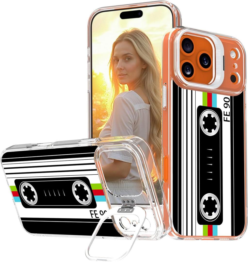 Ecute Strong Magnetic Slim Drop Protective Case (Compatible with MagSafe) with Camera Ring Kickstand for iPhone 17 Pro - Retro Cassette Tape