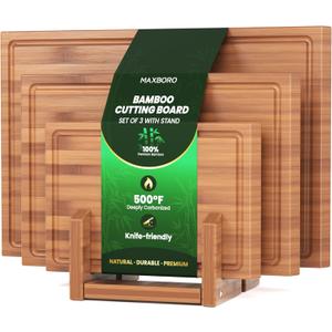 Bamboo Cutting Board Set of 3, Durable Wooden Chopping Boards with Distinctive Stand & Juice Grooves, Ideal for Meat, Vegetables, Fruit, Charcuterie Prep & Serving, Kitchen Essentials, Gifts for Mom (14.9"L x 0.6"W, Brown)