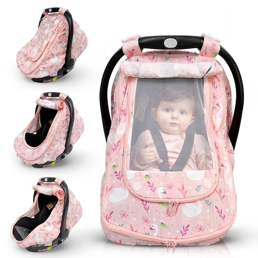 Car Seat Cover for Babies with 100% Cotton Muslin Material | Breathable Carseat Cover for Boys and Girls | Infant Car Seat Canopy for Boys and Girls (Flamingo)