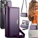 CaseMe 2-in-1 Detachable for iPhone 14 Crossbody Wallet Case with RFID Blocking 10-Card Holder for Woman, PU Leather Wrist Strap Zipper Handbag Purse Wallet Phone Case for iPhone 14 6.1", Purple
