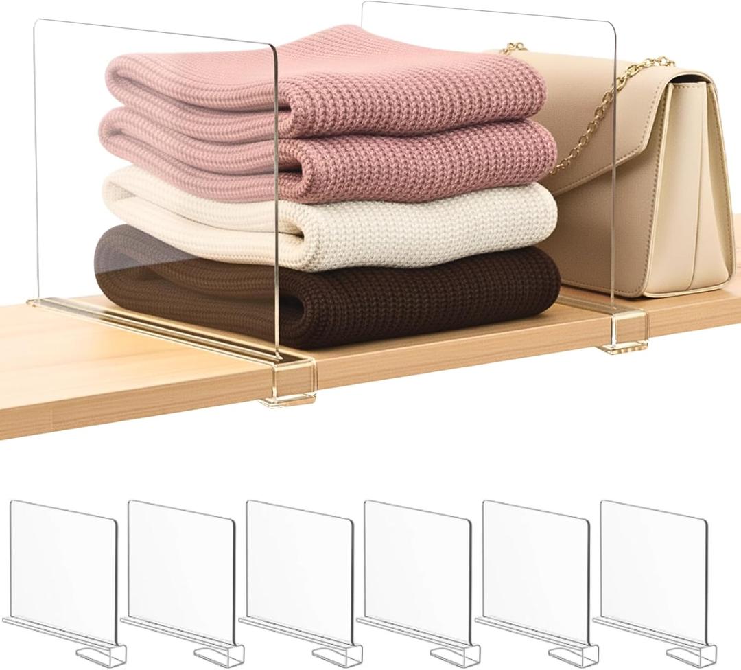 SortNStore Shelf Dividers Purse Organizer for Closet: 6-Pack Acrylic Bag Storage Organizer for Handbags, Clutches, Clothes, Sweater, Towel on Wood Shelves (Standard: 8" Tall X 12" Deep)