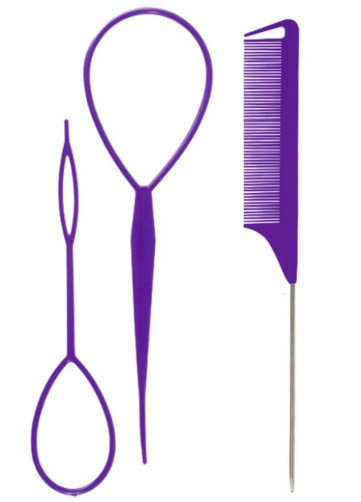Hair Styling Tool Set - 6 Pack with French Braid Loops, Rat Tail Combs, and More for Versatile Hairstyles, Purple