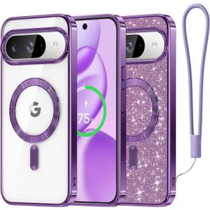 Meifigno Designed for Google Pixel 10/10 Pro Case 6.3", [Glitter Card & Wrist Strap][Compatible with MagSafe] Transparent Back and Electroplated Edges for Pixel 10 Pro Case/Pixel 10 Case, Purple