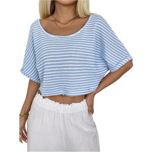 WDIRARA Women's Striped T Shirts Scoop Neck Half Sleeve Tee Loose Knit Crop Tops (S)