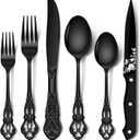 Stapava 48 Pcs Black Silverware Set with Steak Knives, Gorgeous Retro Royal Silverware Set for 8, Stainless Steel Mirror Flatware Cutlery Set, Include Forks Spoons and Knives set, Dishwasher Safe