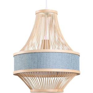 Blue Linen Lamp Shade Creative Chandeliers Farmhouse Bamboo Cage Wicker Pendant Light Fixtures E26 Adjustable Ceiling Mount Hanging Lamp for Living Room, Dining Room, Bedroom, Entryway Decor