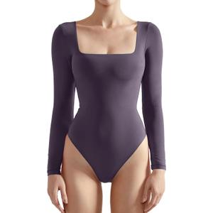SUUKSESS Women Square Neck Long Sleeve Bodysuit Sexy Thong Bodysuit Shirts, Size XL (Taro Purple)