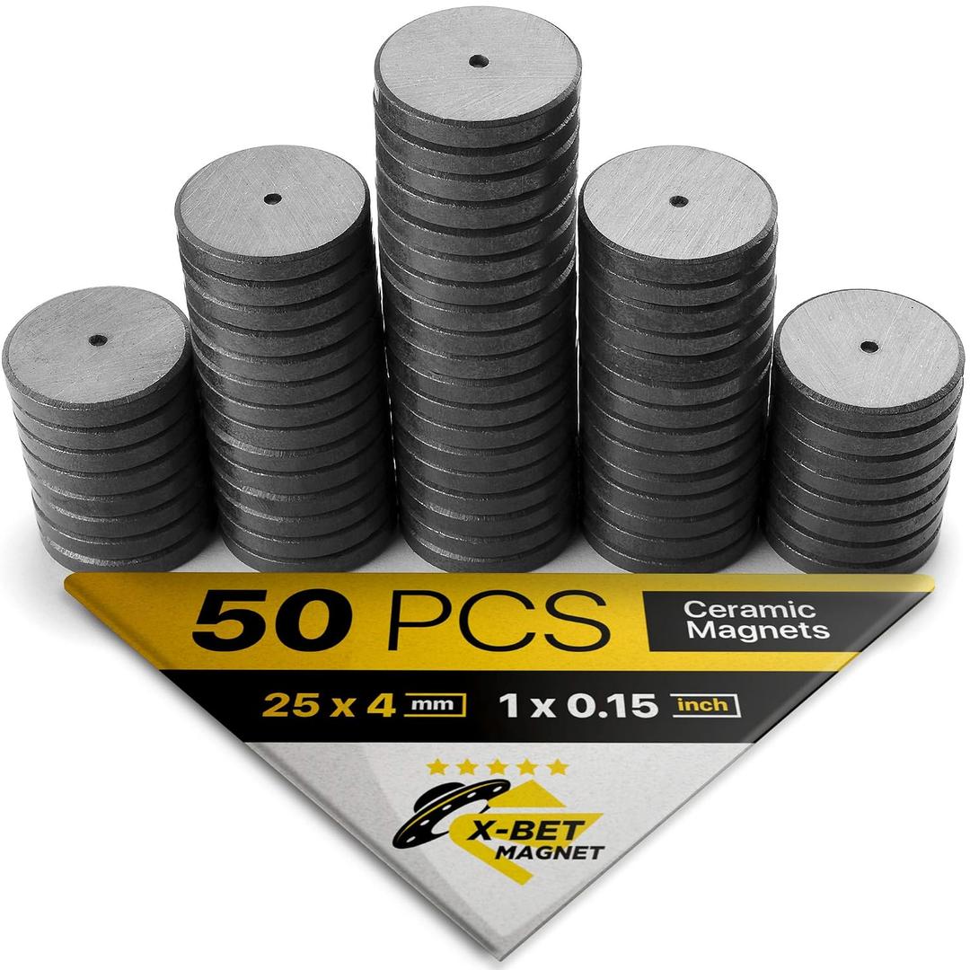 Ultra-Strong Ceramic Round Magnets (1x0.15/25x4mm, 50 pcs) - Heavy Duty Magnets, Non-Corrosive, High Thermal Resistance, Versatile for Home, Office, Workshop, Whiteboard, Fridge and Hobby Use