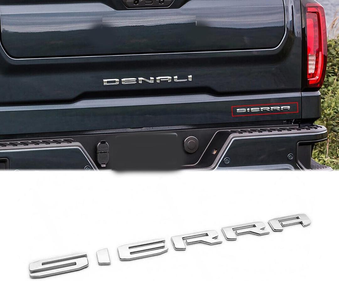 1pc 2019-2025 Small Tailgate Sierra Emblem Rear Liftgate Letter Nameplate Badge 3D Compatible with Sierra 1500 2500HD 3500HD At4 23400374 (Chrome)