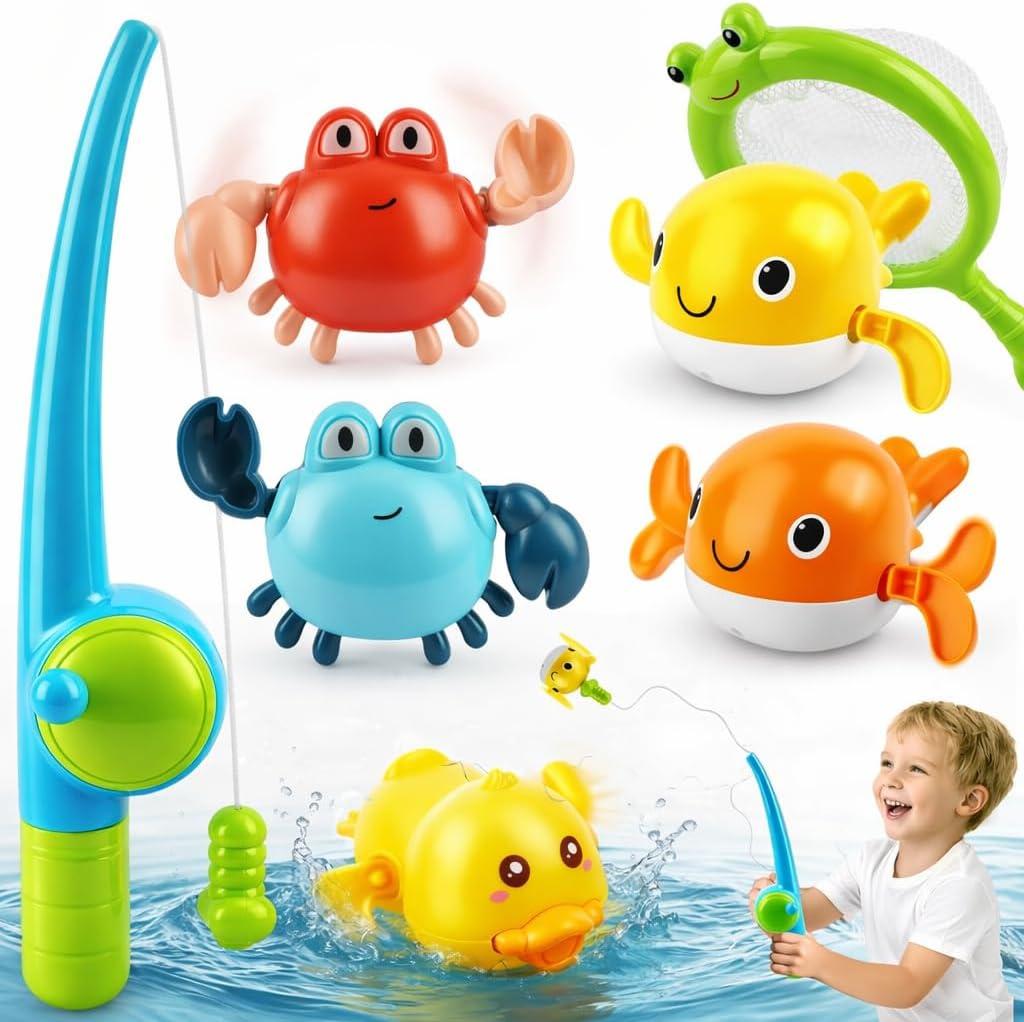 TOY Life Bath Toys for Kids Ages 1-3, Magnetic Fishing Game with Mold Free Wind Up Bath Toys for Toddlers 1-3 & Toy Fishing Pole & Fishing Net, Water Table Pool Fun Bathtub Toys for Baby Infant (Duck Whales Crabs)