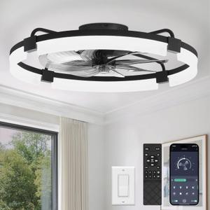 LEDIARY 24" Ceiling Fans with Lights and Remote, Modern Low Profile Ceiling Fan, 3 CCT, Stepless Dimmable, Fandelier Flush Mount Fan Light, 6 Speeds, DC Motor, App & Remote Control for Bedroom(Black)
