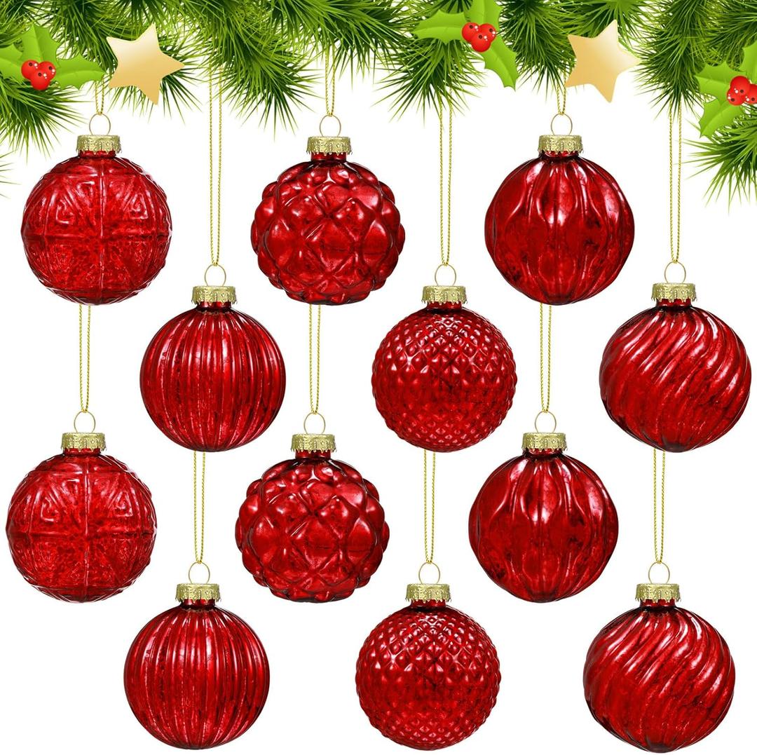 Jenaai 12 Pcs 2.36 Inch Red Glass Christmas Ball Ornaments Vintage Christmas Tree Decorations Mercury Glass Hanging Ornaments for Trees Xmas Holiday Party Garland DIY Craft Supplies, 6 Style
