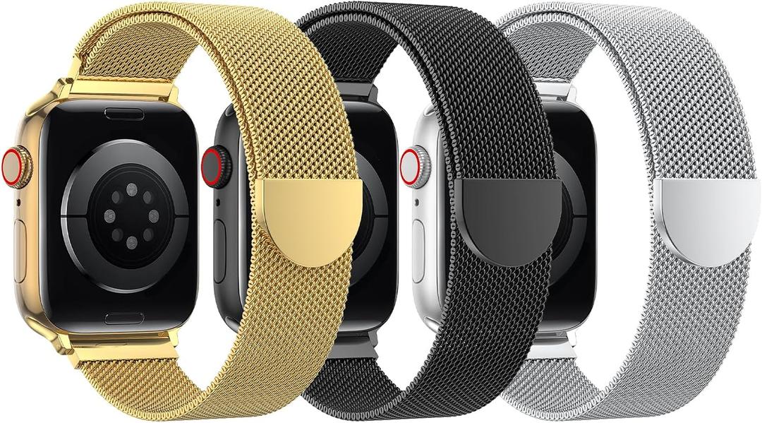 BELONGME 3 Pack Mesh Loop Compatible with Apple Watch Bands for Women Men 40mm 41mm 38mm 42mm 44mm 45mm 49mm 46mm Series 11 10 9 8 7 6 5 4 Ultra3 SE3 2, Stainless Steel Metal Magnetic Strap for iWatch