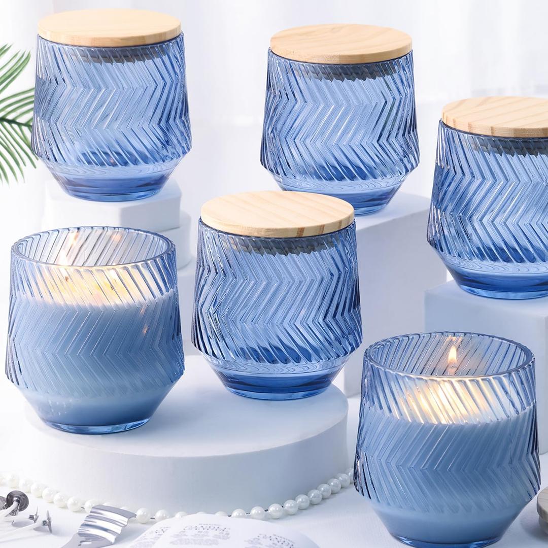 6 Pcs 13.5 OZ Blue Large Candle Jars for Making Candles, Ribbed Unique Candle Jars, Glass Jars with Wooden Lids and Labels for Candle Making Supplies, Container, Blue Table Decor, Gift (Medium)