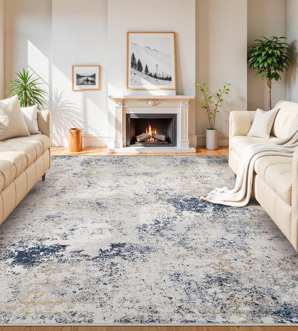 10x14 Washable Area Rugs - Modern Abstract Large Rugs for Living Room Non-Slip Low Pile Soft Machine Washable Carpet for Bedroom, Under Dining Table, Nursery, Farmhouse (10'x14' Beige Blue)