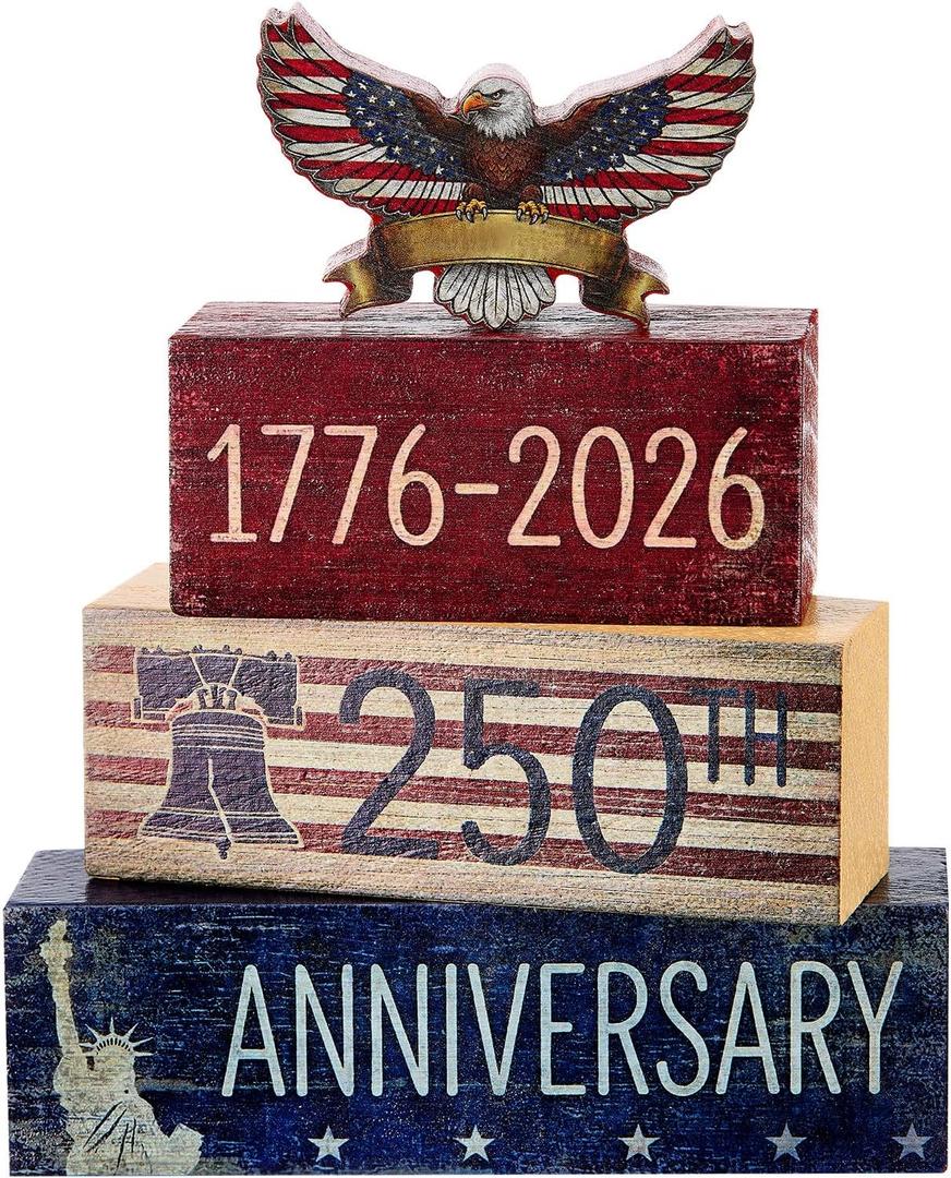 Gerrii 4 Pcs 4th of July Table Decor, Vintage 250th Anniversary Decorations, Patriotic Wooden Sign, Memorial Day Tabletop Tiered Tray for Independence Day Home & Office Party Shelf Display