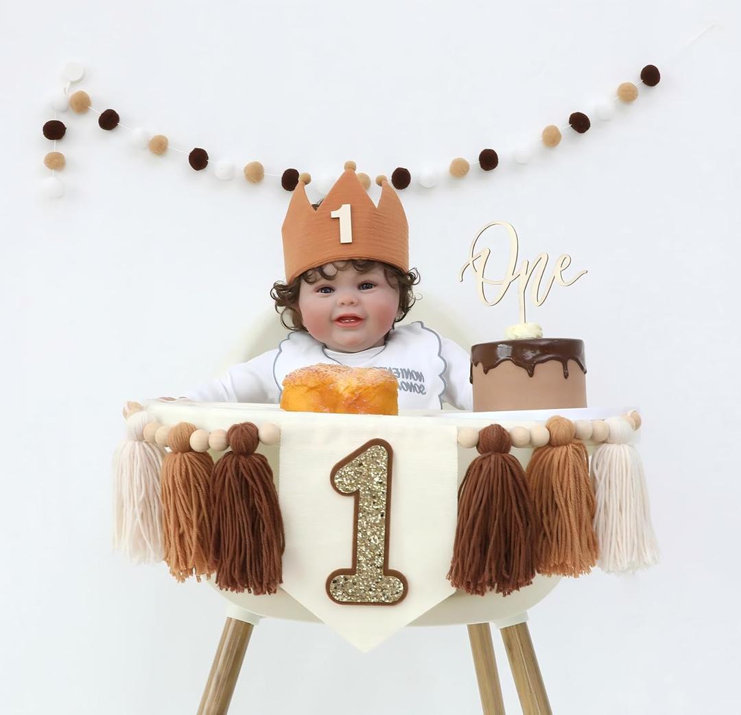 Baby 1st Birthday Party Decorations Brown High Chair Banner With Crown Hat Cake Topper Pom Pom Garland For 1st Birthday Photo Backdrop (Beige Curry Brown)