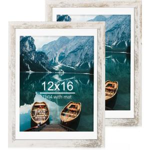 Hongkee 12x16 Picture Frame Set of 2, Distressed White Wood Style - Display 12 x 16 Poster without Mat or 11x14 Picture with Mat, Wall Mounting Horizontal and Vertical