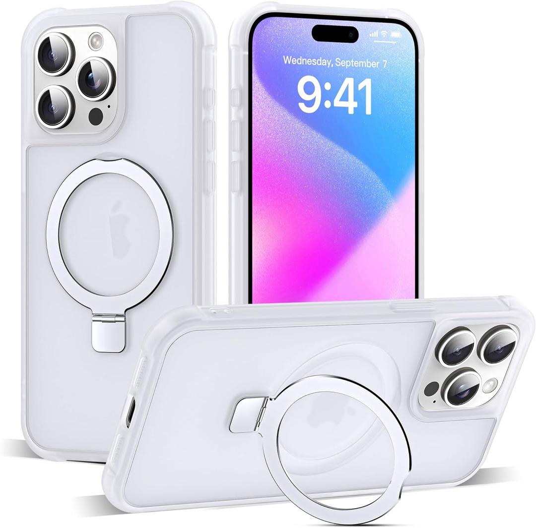 Compatible with iPhone 15 Pro Case with Invisible Magnetic O-Ring Stand Military-Grade Phone Case for iPhone 15 Pro 6.1" [Compatible with Mag-Safe][Great Grip Feeling],Translucent