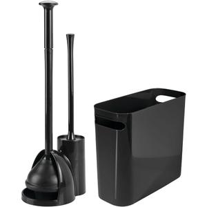 mDesign Compact Freestanding 2-in-1 Plastic Toilet Bowl Brush/Plunger/Trash Wastebasket Garbage Can Combo, Home Bathroom Storage, Sturdy Cleaning Accessories, Aura Collection, Set of 2, Black