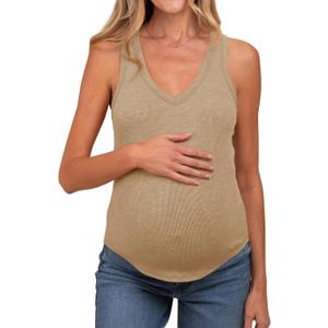 Tankaneo Womens Maternity Tank Tops Sleeveless V Neck Ribbed Knit Shirts | Summer Casual, Curved Hem Pregnancy Clothes, Fitted (Beige, L)