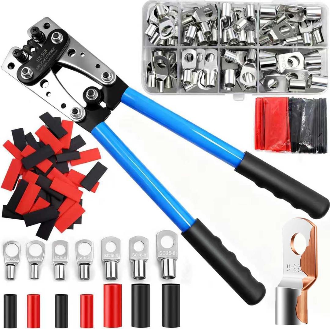 SBGGRL Battery Terminal Crimping Tool for 1/0,2,4,6,8,10 Awg Gauge Heavy Duty Wire Cable Lugs Crimper Electrical Connector,60pcs Tinned Copper Ring Terminals and 100pcs Heat Shrink Tubing