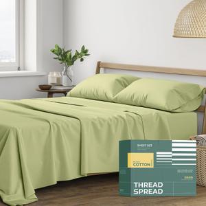 THREAD SPREAD 100% Organic Cotton Sheets King Size - 4 PC Organic Cotton King Percale Weave Sheet Set, Soft, Cooling, Crisp & Breathable, 16" Deep Pocket Hotel Quality Bedding Set - Sage Green