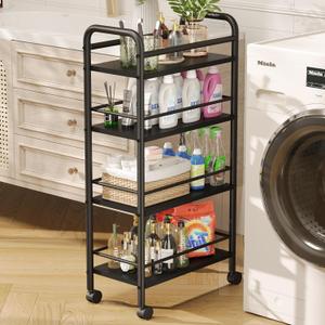 Asgolion Slim Storage Cart, 4-Tier Small Rolling Cart with Wheels, 9.1" Deep, Narrow Bathroom Shelf Trolley for Kitchen, Bathroom, Laundry Room, Black Large 4-Tier (9.1" W x 33.6" H)