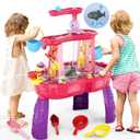 Water Table for Toddlers 3-5 with Water Pumb, 3-Tier Kids Sand Water Table, Rain Showers Splash Pond for Outdoor Beach Backyard Summer, Activity Sensory Play Table for Girls, Pink