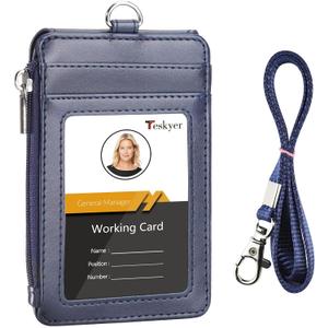 Teskyer Badge Holder with Side Zip Pocket, Multiple Card Slots Leather ID Holder Wallet with Neck Lanyard for Office Staffs, Teachers/Students, Couriers, Workers, Blue
