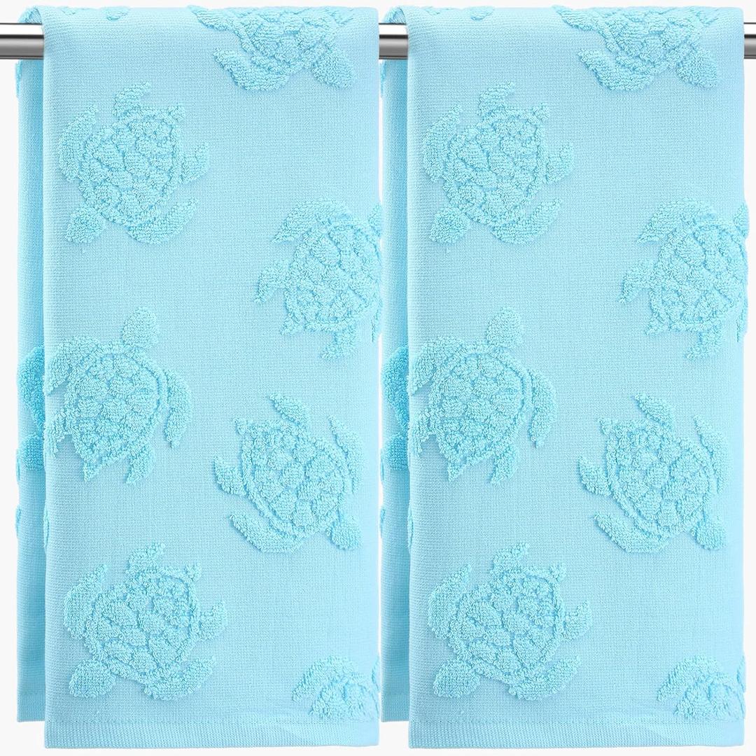 SmoothNovelty 2pcs Sea Turtle Hand Towels for Bathroom 100% Cotton Jacquard Weave Bath Towel Set Soft Absorbent Dish Washcloth for Bathroom Kitchen Beach Summer Theme Gifts 13.8 x 29.5 Inch (Blue)