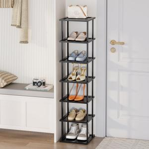 Vertical Tall Shoe Rack Organizer for Entryway -7 Tier Free Standing Slim Narrow Bamboo Wood Corner Stackable Shoe Boots Storage Stand Small Spaces for Closet Garage Cloakroom Living Room (Black)