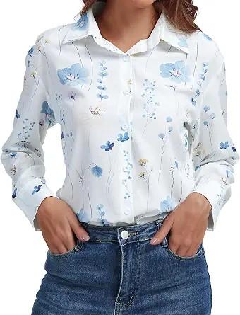 DAOAO Floral Blouses for Women Long Sleeve Tops Dressy Casual Button Down Ladies Collared Shirt Work Trendy Blue Flower S