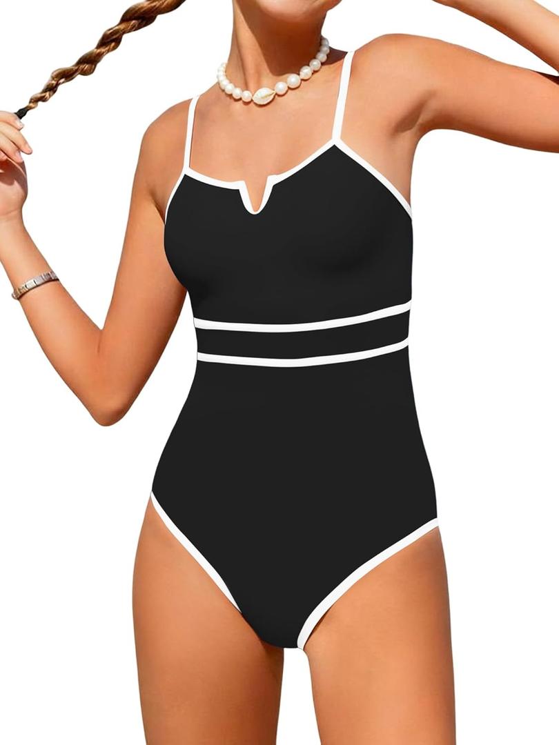 AMAWMW Girls Swimsuit V-Neck Cutout Bathing Suit Color Block Adjustable Straps One Piece Swimwear for Teens (13-14 Years, Black)