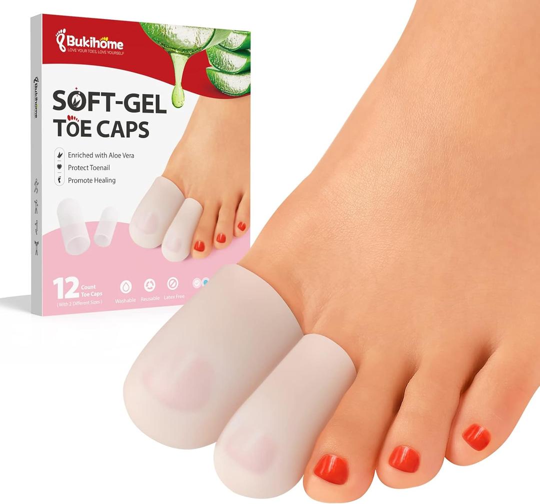 Bukihome Silicone Toe Protectors - 12 Pack Gel Toe Sleeves Toe Protectors - Toe Caps with Aloe Vera Essential Oils - Toe Cushions for Pain Relief, Toe Protection for Corns, Calluses (8L + 4S) (Multi-Size, Clear)